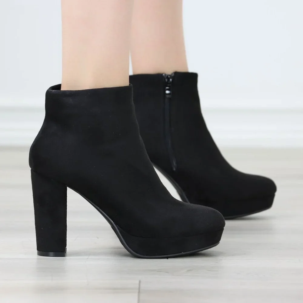 Womens Platform High Heel Ankle Boots Zip Up Black Faux Suede Boots - Picture 3 of 11